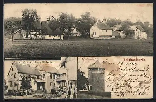 AK Reinhardshain, Gasthaus v. Georg Weisensee, Wasserturm, Ortsansicht