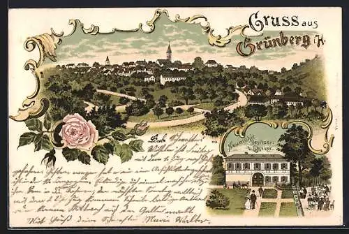 Lithographie Grünberg i. H., Gasthaus Neumühle v. L. Christ, Ortsansicht