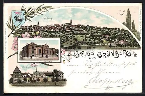 Lithographie Grünberg i. H., Turnhalle, Schloss, Gesamtansicht