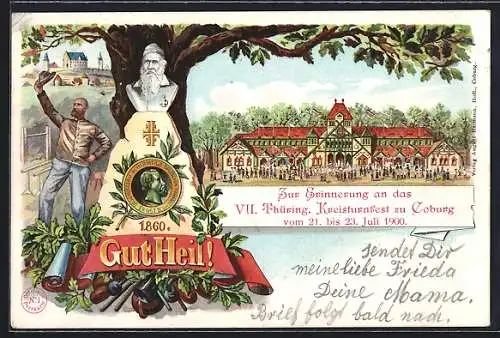 Lithographie Coburg, Erinnerung an VII. Thüring. Kreisturnfest 1900, Festgelände, Denkmal Turnvater Jahn