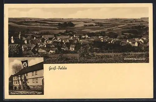 AK Gross-Felda, Gasthaus Willy Feige mit flagge, Gesamtansicht