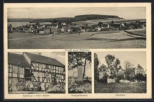 AK Bieben, Gasthaus v. Heinr. Becker, Kriegerdenkmal, Herzberg