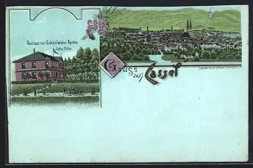 Mondschein-Lithographie Cassel, Gasthaus zur Schönfelder Spitze v. Johs. Otto, Gesamtansicht