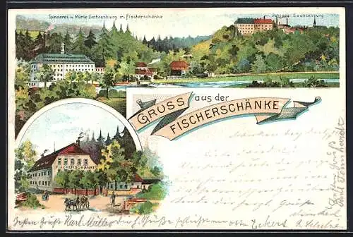 Lithographie Frankenberg /Sachsen, Das Gasthaus Fischerschänke, Spinnerei & Mühle und das Schloss Sachsenberg