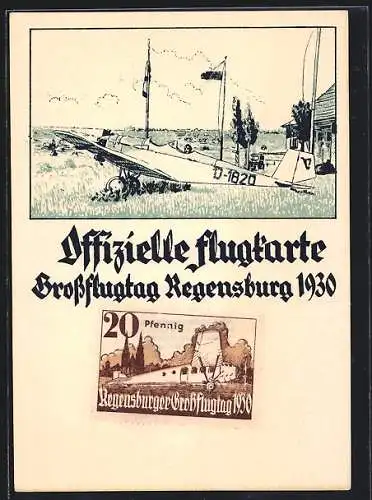 Künstler-AK Regensburg, Grossflugtag 1930, Flugplatz mit Messerschmitt-Sportflugzeug