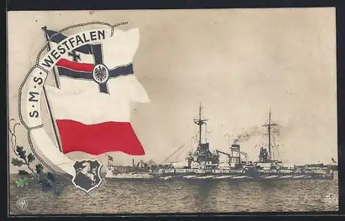 AK Kriegsschiff S.M.S. Westfalen, Wappen und Reichskriegsflagge