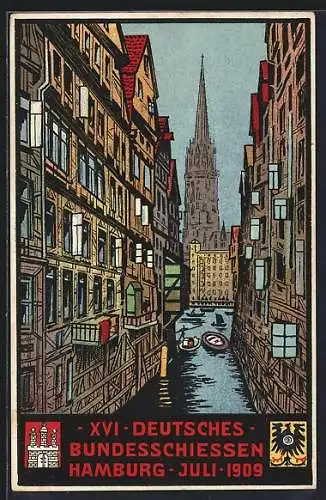 AK Hamburg, Fleet mit Blick auf die Kirche, XVI. Deutsches Bundesschiessen 1909