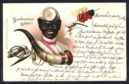 Lithographie Gaudeamus igitur!, afrikanischer Student mit Horn und durchstochene Herzen