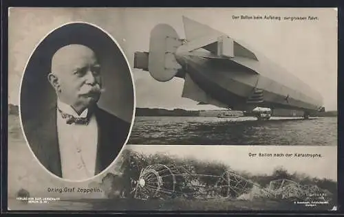 AK Dr. Ing. Graf Zeppelin, Der Ballon beim Aufstieg zur grossen Fahrt und nach der Katastrophe