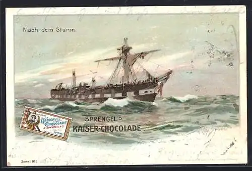 Künstler-AK Willy Stoewer: Reklame für Sprengel`s Kaiser-Chocolade, Segelschiff nach einem Sturm