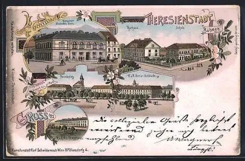 Lithographie Theresienstadt / Terezin, Restaurant Deutsches Haus, K. u. K. Zeughaus