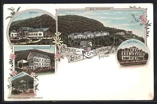 Lithographie Bad Königswart, Hotel Weidmannsheil, Hotel Buberl, Badehaus, Pferdekutsche