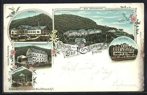 Lithographie Bad Königswart, Hotel Weidmannsheil, Hotel Buberl, Badehaus, Pferdekutsche