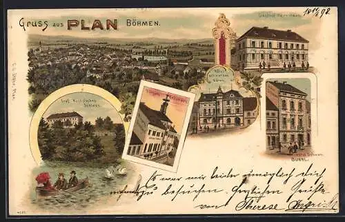 Lithographie Plan /Böhmen, Gasthof Herrenhaus, Hotel Schwan, Graf Nostiz`sches Schloss, Bürgerl. Bräuhaus