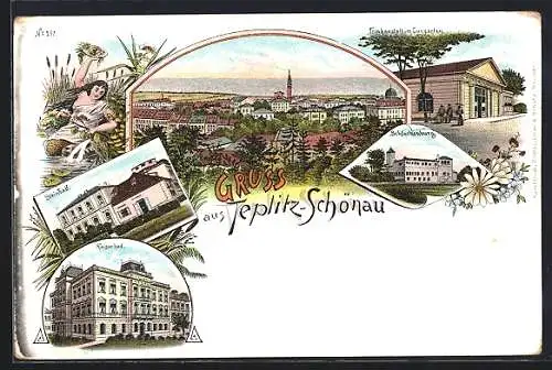 Lithographie Teplitz Schönau / Teplice, Gesamtansicht, Kaiserbad, Trinkanstalt im Kurgarten & Steinbad