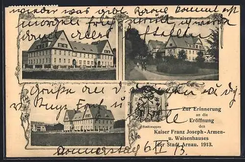 AK Arnau, Kaiser Franz Joseph-Armen- und Waisenhaus, Stadtwappen