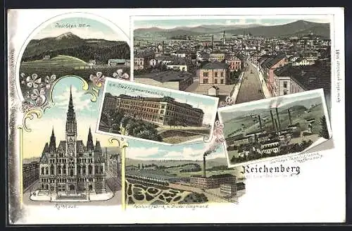 Lithographie Reichenberg / Liberec, Ginzkey`s Teppichfabrik in Maffersdorf, Feintuchfabrik v. Brüder Siegmund, Rathaus