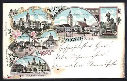 Lithographie Budweis / Ceske Budejovice, Schloss Frauenberg, Lanna-Denkmal, Ringplatz und Dom-Kirche