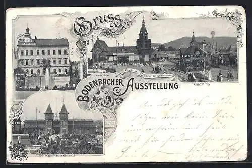 Lithographie Tetschen-Bodenbach / Decin, Bodenbacher-Ausstellung, Maschinenhalle, Pavillon d. Bürgl Brauhauses