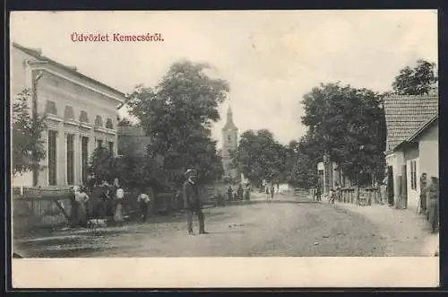 AK Kemecse, Strassenpartie mit Blick zur Kirche