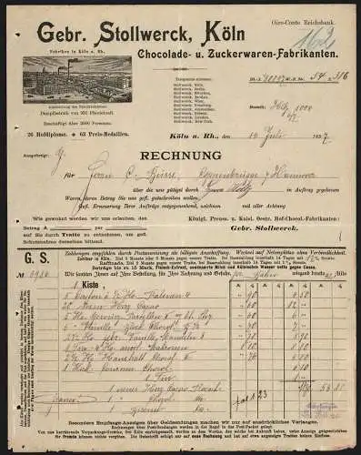 Rechnung Köln a. Rh. 1897, Gebr. Stollwerck, Chocolade- & Zuckerwaren-Fabrikanten, Gesamtansicht der Fabrikanlage