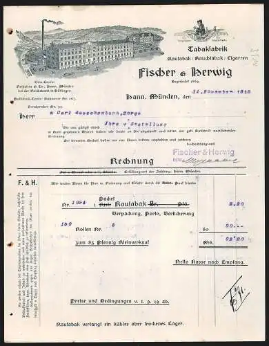 Rechnung Hann. Münden 1919, Fischer & Herwig, Tabakfabrik, Betriebsgelände und Schutzmarke Ruderer