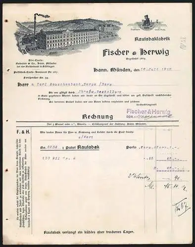 Rechnung Hann. Münden 1919, Fischer & Herwig, Kautabakfabrik, Betriebsgelände und Schutzmarke Ruderer