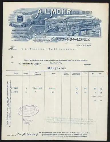 Rechnung Altona-Bahrenfeld 1906, A. L. Mohr AG, Margarinefabrik, Betrieb mit eigener Gleisanlage, Spezialmarke Mohra