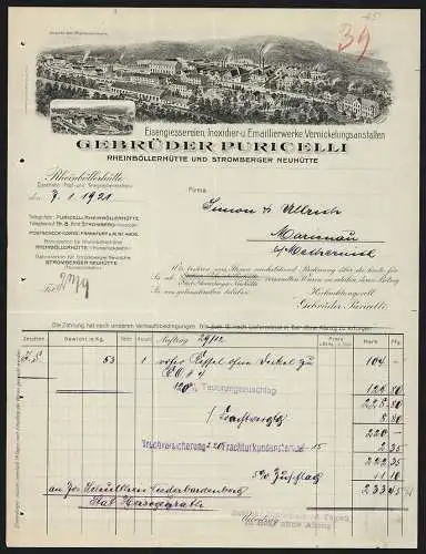 Rechnung Rheinböllerhütte 1921, Gebrüder Puricelli, Eisengiessereien, Inoxidier- & Emaillierwerke, Betriebsansicht