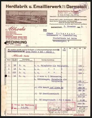 Rechnung Darmstadt 1935, Herdfabrik & Emaillierwerk GmbH, Ansicht der Betriebsanlage, Alkoda-Marke