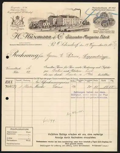 Rechnung Pr. Oldendorf 1910, H. Hüsemann & Co., Süssrahm-Margarine Fabrik, Betriebsansicht und Messe-Medaillen