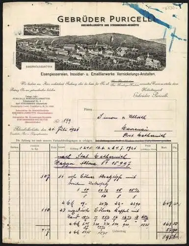 Rechnung Rheinböllerhütte 1921, Gebrüder Puricelli, Eisengiessereien, Inoxidier- & Emaillierwerke, Betriebsgelände