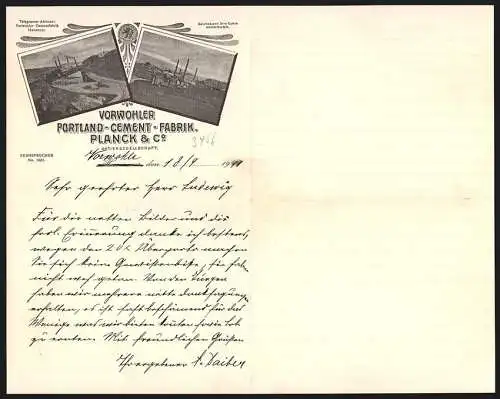 Briefkopf Vorwohle 1911, Planck & Co., Portland-Cement-Fabrik, Zwei Ansichten des Werkes am Fluss