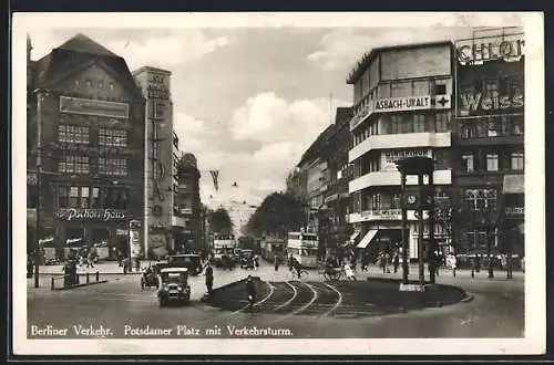 AK Berlin-Tiergarten, Potsdamer Platz mit Verkehrsturm, Pschorr-Haus