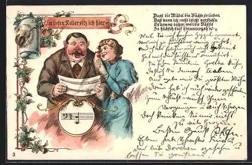 Lithographie Fülliger Mann und seine Frau singen ein Lied