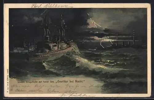 Lithographie Kriegsflotte auf hoher See bei nächtlichem Gewitter