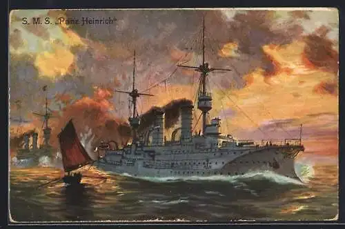 Künstler-AK Kriegsschiff S. M. S. Prinz Heinrich im Sonnenaufgang