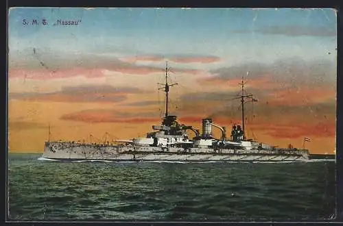 AK Kriegsschiff S.M.S. Nassau in voller Fahrt