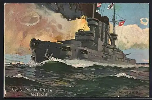 Künstler-AK Kriegsschiff SMS Pommern im Gefecht