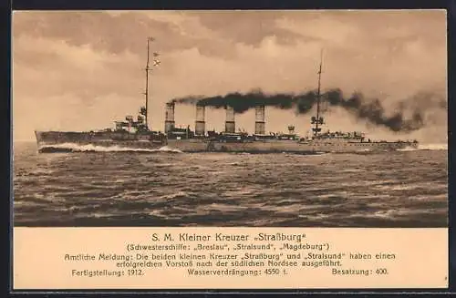 AK Kriegsschiff SM Kleiner Kreuzer Strassburg pflügt unter Volldampf durchs Wasser