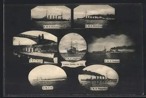 AK S. M. S. Stralsund, Strassburg, Breslau, Augsburg, Goeben, Magdeburg, U 15