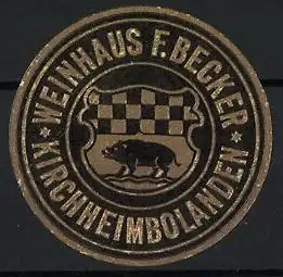 Reklamemarke Kirchheimbolanden, Weinhaus F. Becker, Wildschwein und Wappen