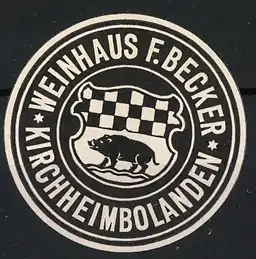 Reklamemarke Kirchheimbolanden, Weinhaus F. Becker, Wildschwein und Schachbrettmuster