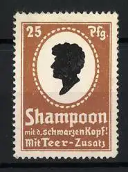 Reklamemarke Shampoon, Haarpflege mit Teer-Zusatz, Silhouette eines Kopfes