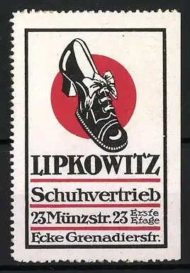 Reklamemarke München, Lipkowitz Schuhvertrieb, Schuh auf rotem Kreis