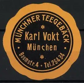 Reklamemarke München, Münchner Teegebäck Karl Vokt, Runde Plakette