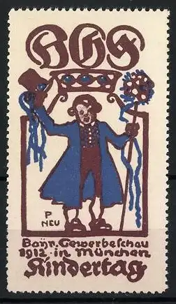 Künstler-Reklamemarke Paul Neu, München, Bayer. Gewerbeschau 1912, Kindertag, Knabe mit Hut und Blumen