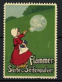 Reklamemarke Flammer, Seife u. Seifenpulver, Kind mit Seifenblase