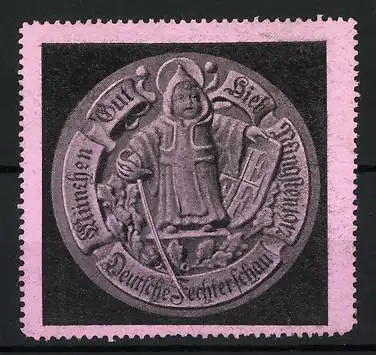 Reklamemarke München, Deutsche Fechterschau 1912, Münchner Kindl mit Degen