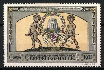 Reklamemarke Kelheim, Befreiungshalle, 50 Jahre Eröffnung, 1863-1913, Putten und Halle